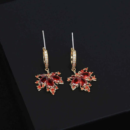 Red Maple Leaf Zircon Stud Earrings