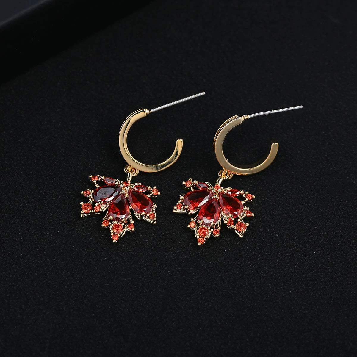 Red Maple Leaf Zircon Stud Earrings side view