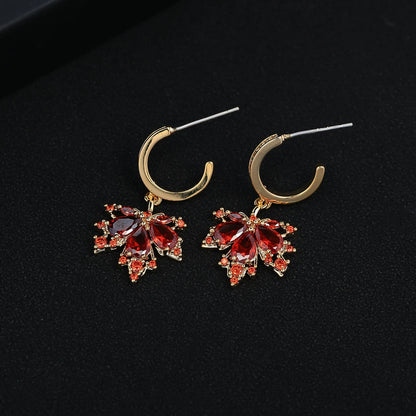 Red Maple Leaf Zircon Stud Earrings side view