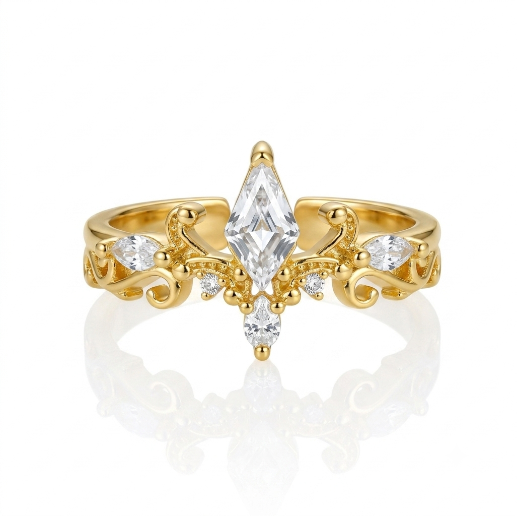 STAR WISH crown ring with rhombus zircon gemstone front view
