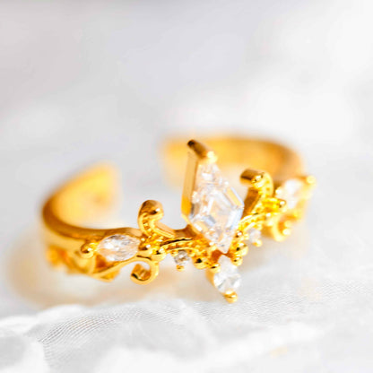 Side view of STAR WISH rhombus zircon crown ring with silver band