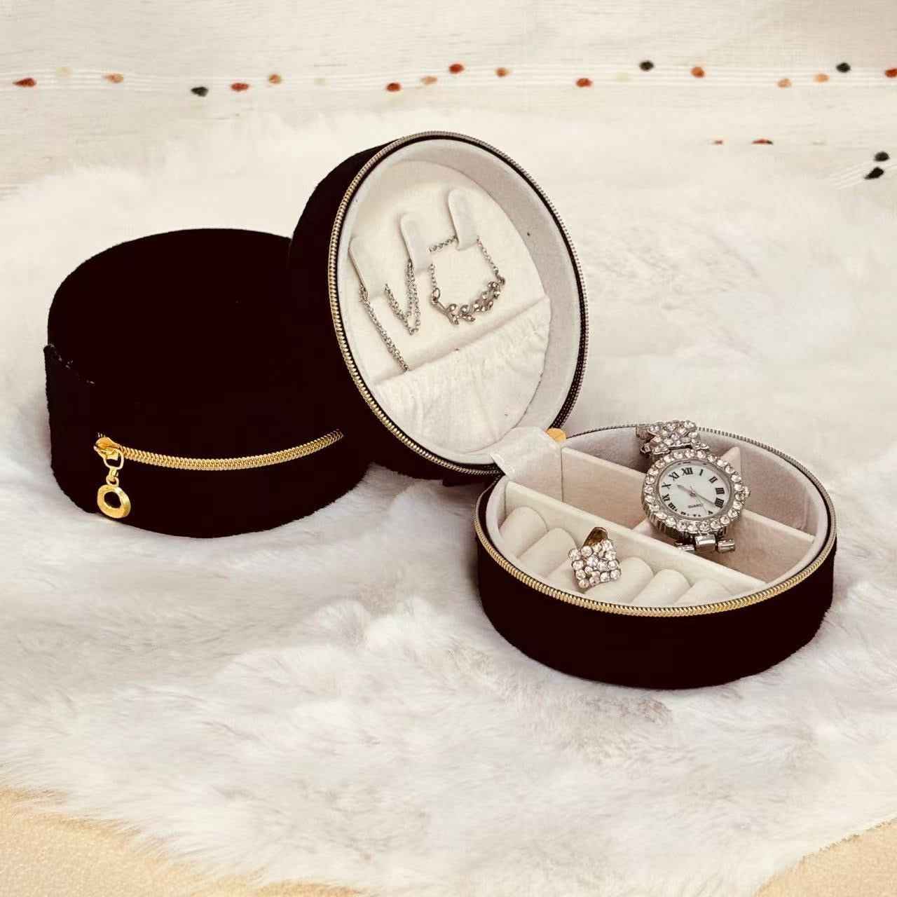 Detail view of velvet texture on round jewelry case