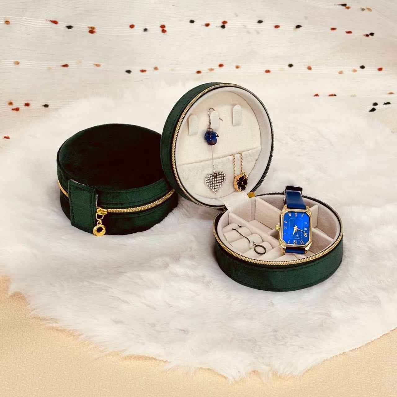 Angled product view of round velvet jewelry case organizer