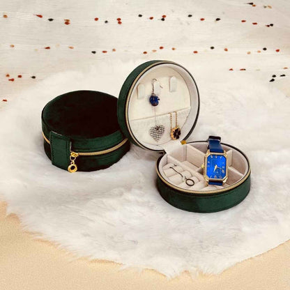 Round velvet jewelry case with ring roll for travel storage