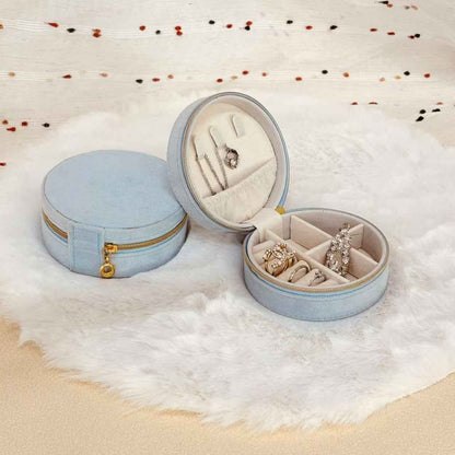 Travel size round velvet jewelry case for handbag or luggage