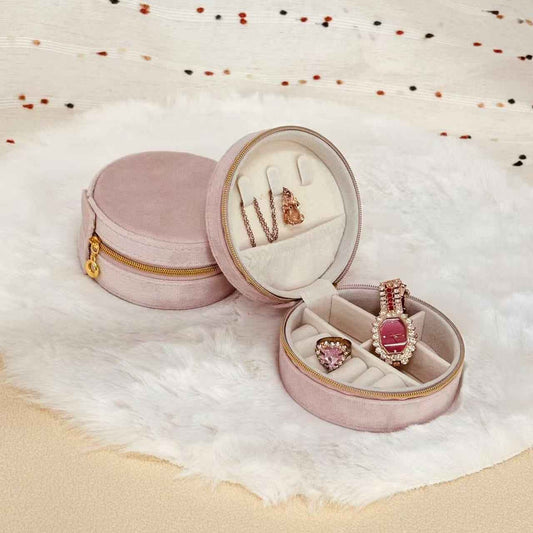 STAR WISH round velvet travel jewelry case front view