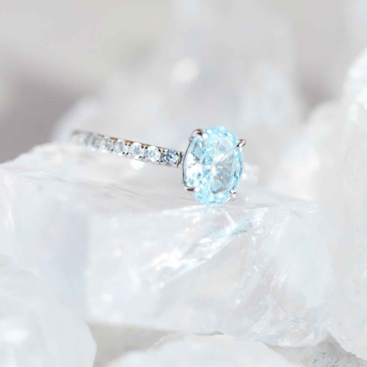 Side view of STAR WISH simulated aquamarine ring in sterling silver