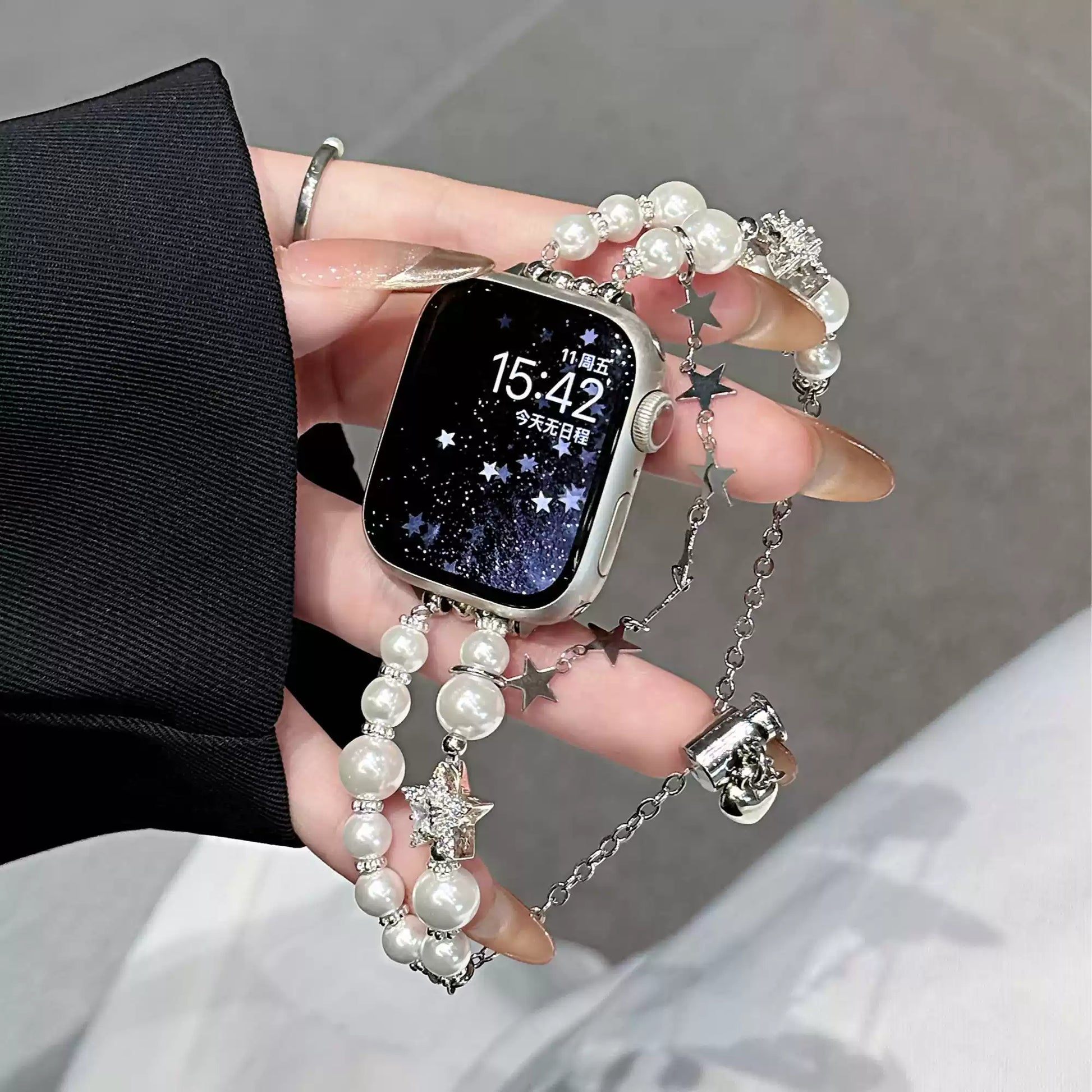 Pearl charm Apple Watch band lifestyle view