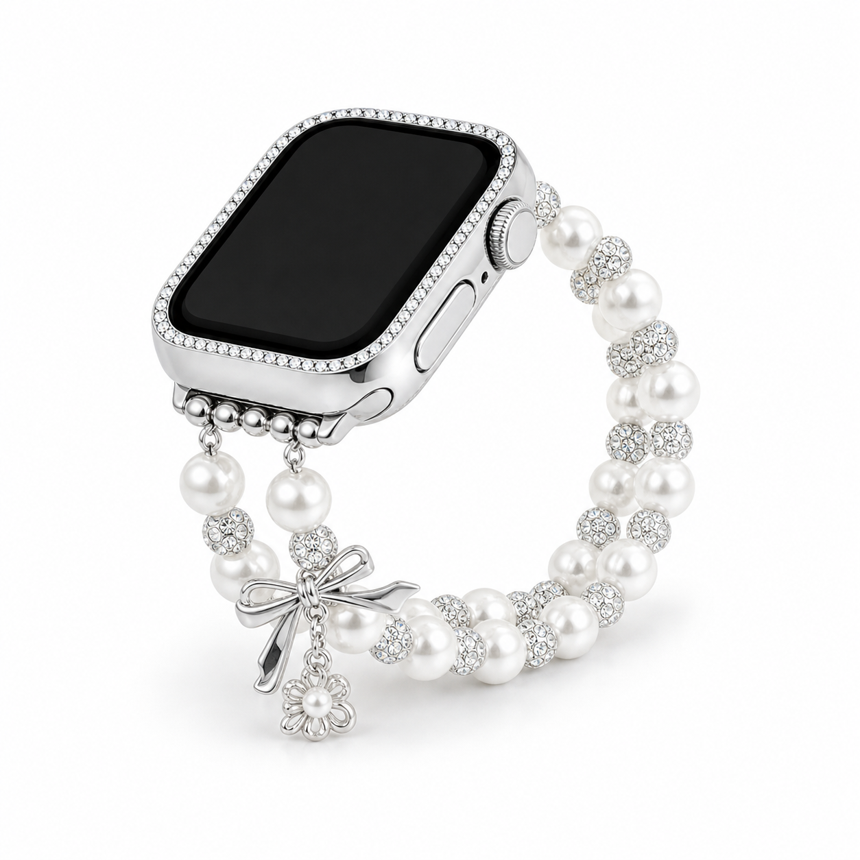 Starry pearl bow Apple Watch band on white background