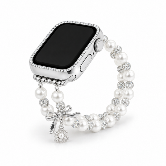 Starry pearl bow Apple Watch band on white background