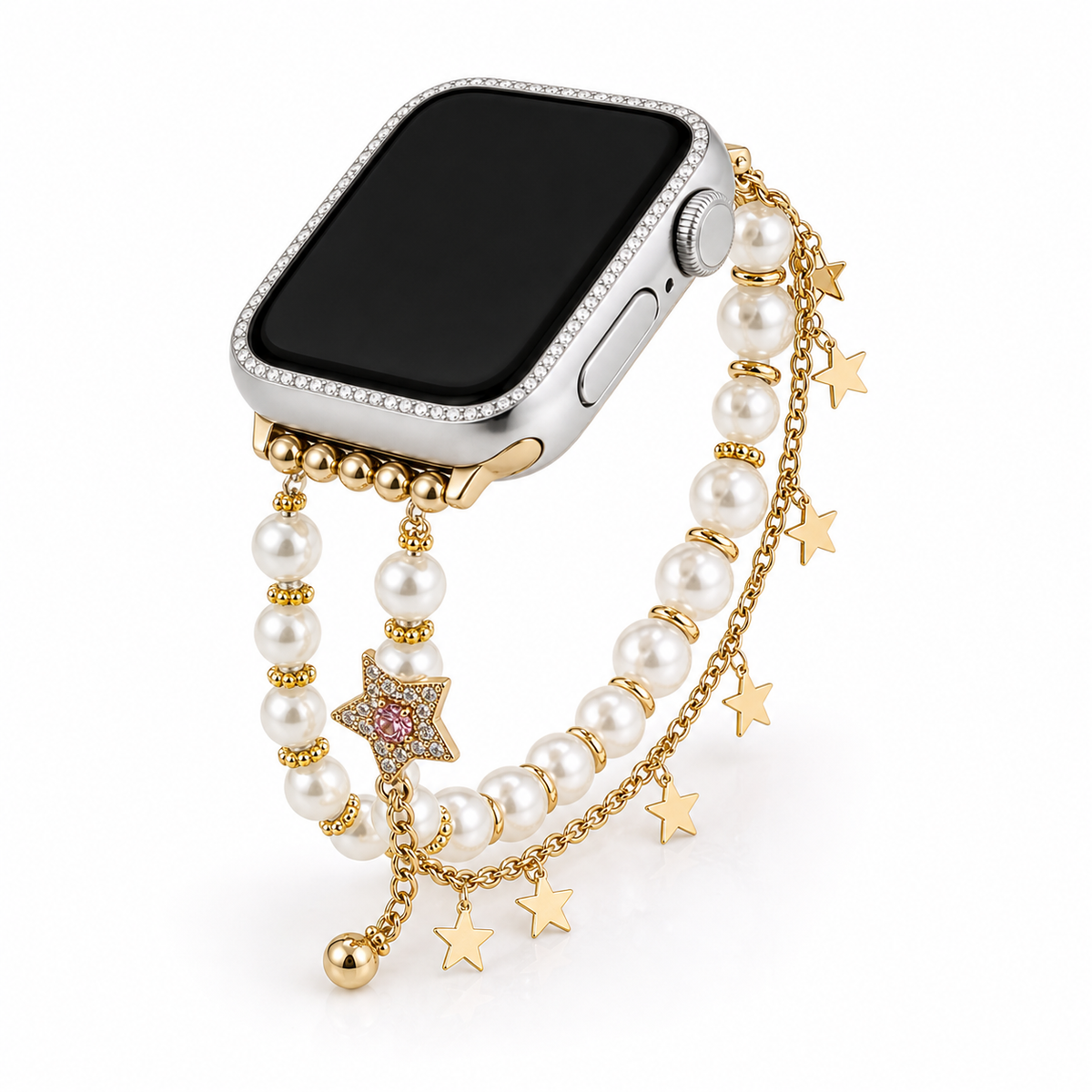 Whimsical Pearl Charm Apple Watch Band with black watch face in loop display