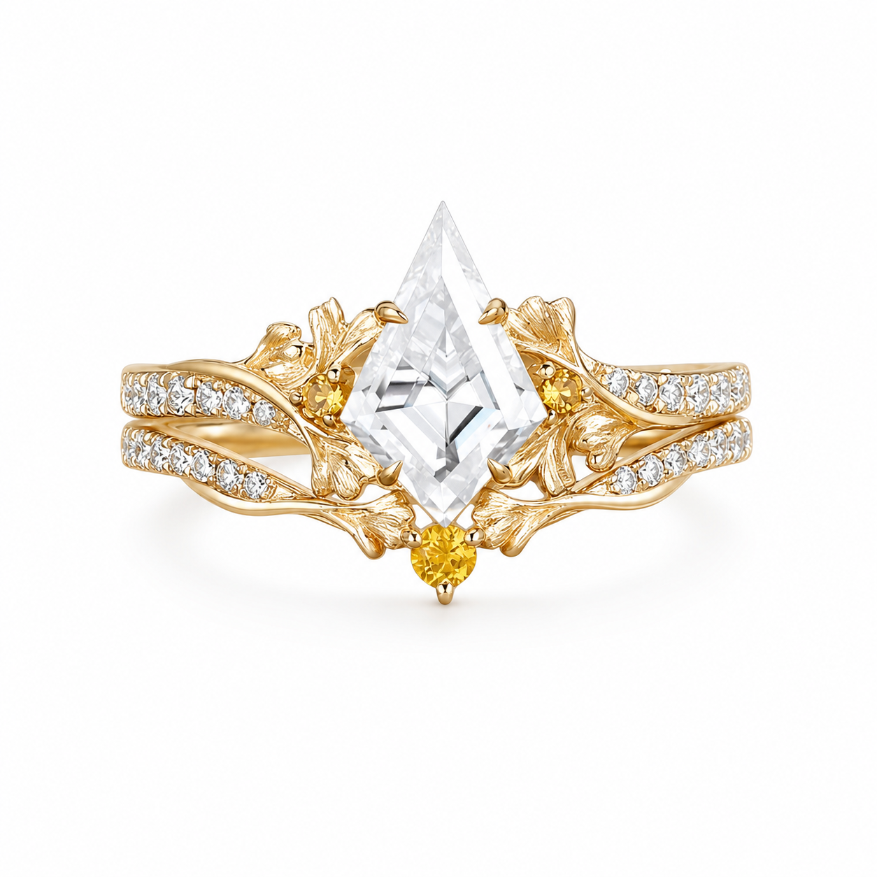 Kite moissanite stacking ring set on pure white background